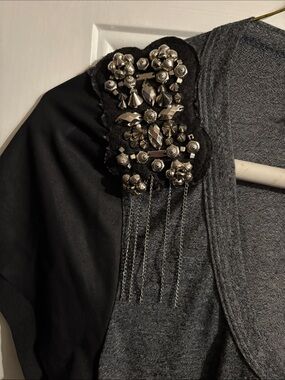 Penelope Charcoal Gray Tee with Black Beaded Fringe Shoulders